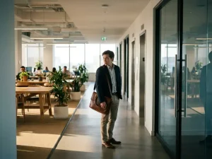 Jonge professional twijfelt op kruispunt in modern kantoor, kiest tussen open werkruimte en glazen deur naar hogere carrièremogelijkheden