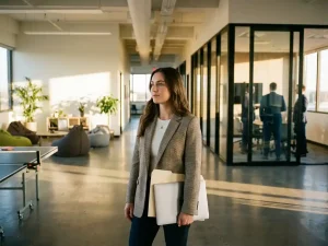 Jonge professional met laptop twijfelt tussen informeel startupkantoor en formele corporate werkplek in licht, modern open kantoor