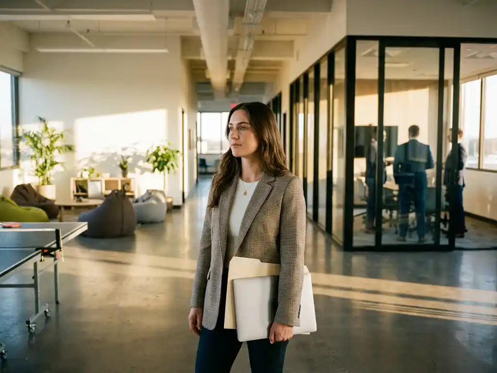 Jonge professional met laptop twijfelt tussen informeel startupkantoor en formele corporate werkplek in licht, modern open kantoor