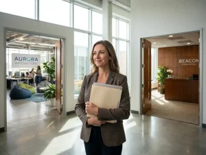 Zelfverzekerde professional in moderne lobby bij kruispunt, kiest tussen verschillende kantoordeuren en mogelijke werkgevers
