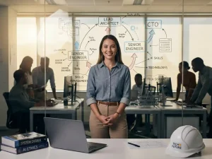 Jonge technische professional bekijkt zelfverzekerd carrièrepad-diagram op glazen wand in modern hightech kantoor met collega’s op achtergrond