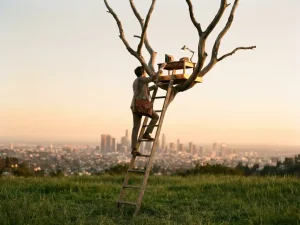 Professional op ladder die vertakt naar zijpaden, reikend naar knus werkplatform, met stadsskyline en hoopvolle zonsondergang