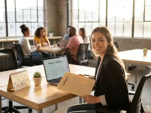 Zelfverzekerde jonge professional aan coworkingbureau, bekijkt contracten en checklist op laptop, collega’s samenwerken op achtergrond