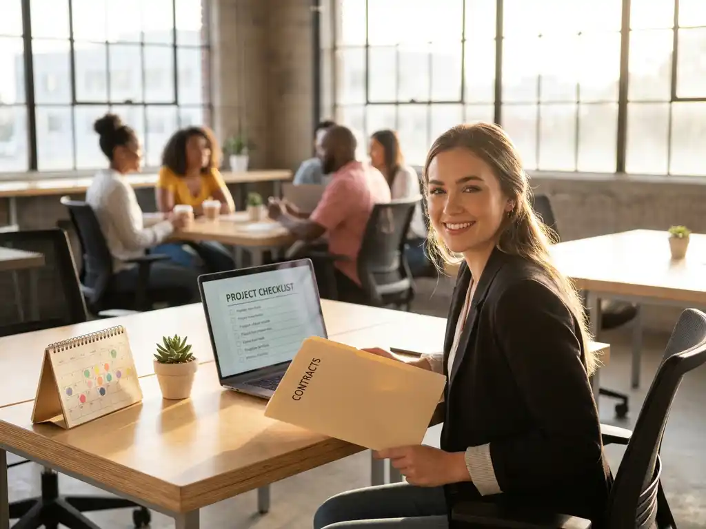 Zelfverzekerde jonge professional aan coworkingbureau, bekijkt contracten en checklist op laptop, collega’s samenwerken op achtergrond