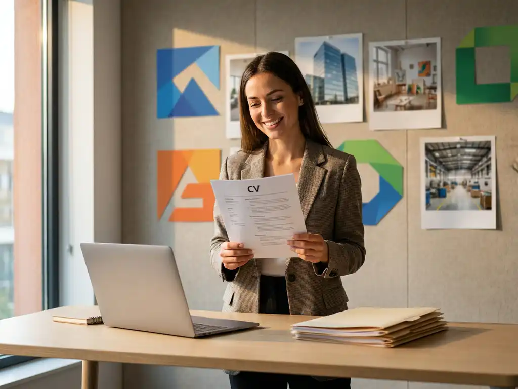 Zelfverzekerde jonge professional met cv aan modern bureau, met vage kleurrijke bedrijfslogo’s en diverse werkplekken op de achtergrond