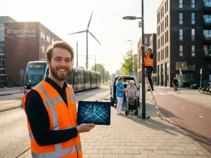 Jonge Nederlandse ingenieur met tablet toont wijkplan, met tram, windturbine, ziekenhuis, fietspad en zorg voor ouderen op straat