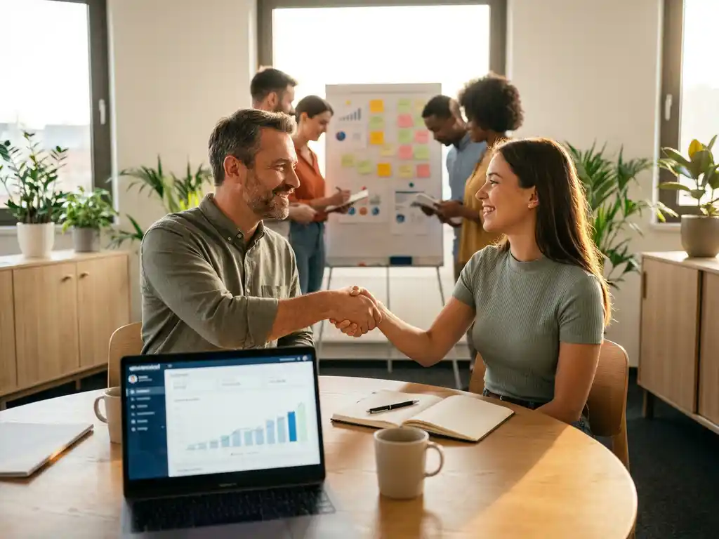 Empathische leidinggevende schudt hand met jonge medewerker in licht, modern kantoor met groeidashboard, collega’s en post-its op achtergrond