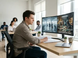 Jonge hbo-technicus vergelijkt twee carrièremogelijkheden op groot scherm in modern kantoor met laptop, tekeningen en daglicht
