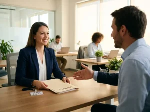 HR-manager schudt handen met tijdelijke medewerker met contractmap en badge aan modern bureau in lichte kantoorruimte