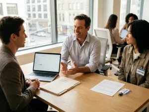 HR-medewerker overlegt met jonge professional en uitzendkracht aan bureau, met laptop, dossiermap en korte inschrijfformulieren
