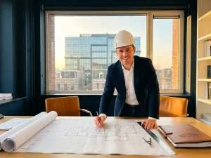 Ingenieur met witte helm bestudeert technische blauwdrukken op werktafel, met structuurrapport en precisietools, Amsterdams kantoorgebouw op achtergrond.
