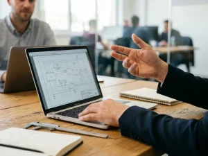 Ingenieur aan houten bureau met laptop met technisch diagram, pratend met collega; caliper en notitieboekje liggen ernaast