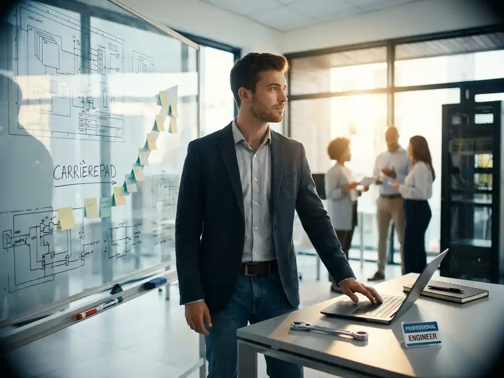 Jonge ingenieur bekijkt carrièrepad op glasbord vol technische schema’s in modern high-tech kantoor met collega’s op achtergrond