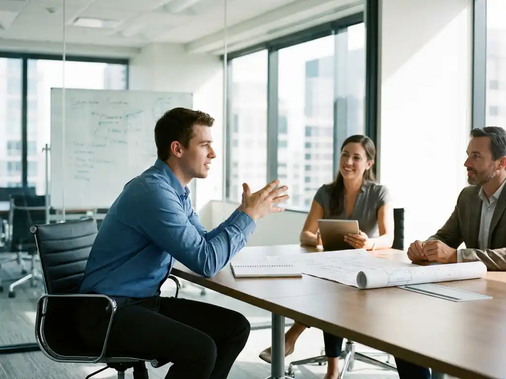 Jonge ingenieur bespreekt technische tekeningen met twee collega’s in moderne vergaderruimte met glazen wanden en daglicht
