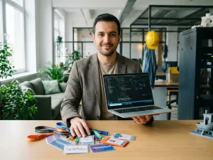 Zelfverzekerde IT-professional met open laptop vol code naast stapel kleurrijke toegangspassen in gedeelde hightech kantoorruimte