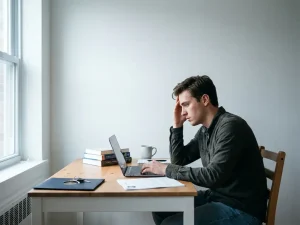 Jonge afgestudeerde piekert alleen aan tafel met laptop, boeken en cv in klein studio-appartement, twijfelend maar hoopvol