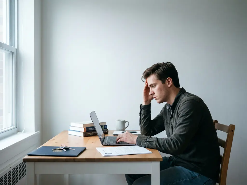 Jonge afgestudeerde piekert alleen aan tafel met laptop, boeken en cv in klein studio-appartement, twijfelend maar hoopvol