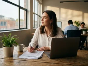 Jonge professional droomt uit raam terwijl ze taken op werkrooster omcirkelt aan houten bureau in licht, modern kantoor
