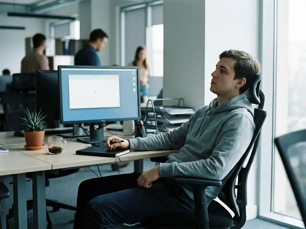 Vermoeide jonge kantoormedewerker staart leeg voor zich aan bureau in open kantoor, laptop en koude koffie naast zich