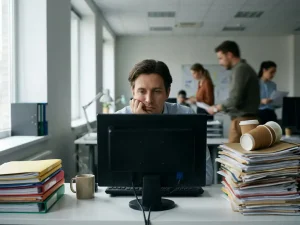 Vermoeide kantoormedewerker staart peinzend naar scherm tussen nette dossiers en rommelige stapel papieren in open kantoor