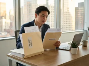 Jonge professional twijfelt tussen dikke en dunne map met contracten aan bureau in modern kantoor met laptop en stad op achtergrond