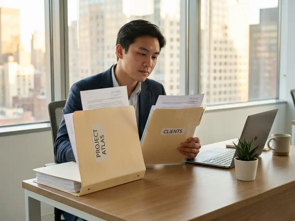 Jonge professional twijfelt tussen dikke en dunne map met contracten aan bureau in modern kantoor met laptop en stad op achtergrond