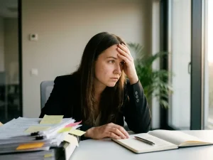 Jonge professional twijfelt tussen chaotische papieren en rustige takenlijst in licht, modern kantoor met warme namiddagzon