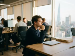 Jonge professional denkt na aan bureau, laptop dicht, collega’s op achtergrond, blik naar lichte stadsskyline met kantoortoren
