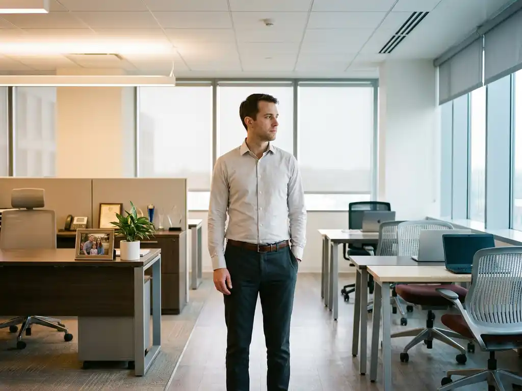 Jonge professional twijfelt tussen vast kantoor met persoonlijke werkplek en flexibel pad met wisselende bureaus en laptops