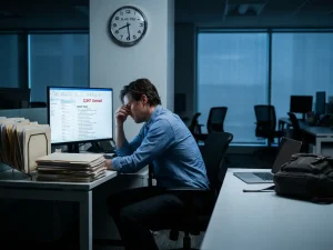 Vermoeide kantoormedewerker staart ’s avonds laat gestrest naar overvolle inbox, omringd door stapels onaf werk in leeg kantoor