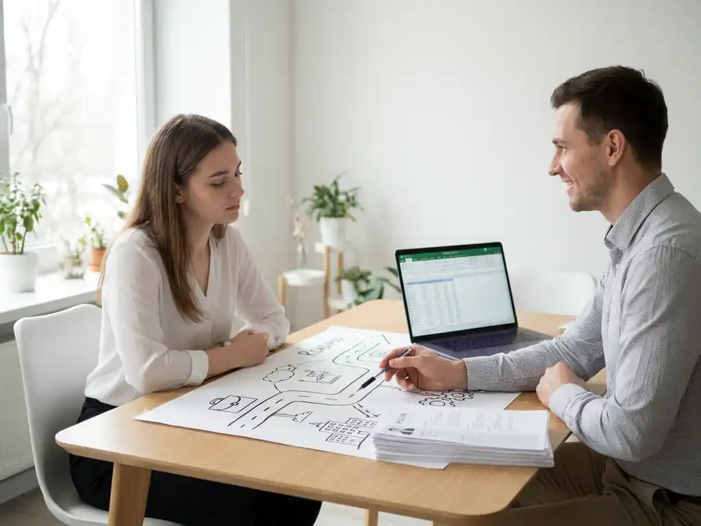 Jonge professional bespreekt met recruiter een duidelijke carrière-roadmap aan bureau in lichte, moderne kantoorruimte