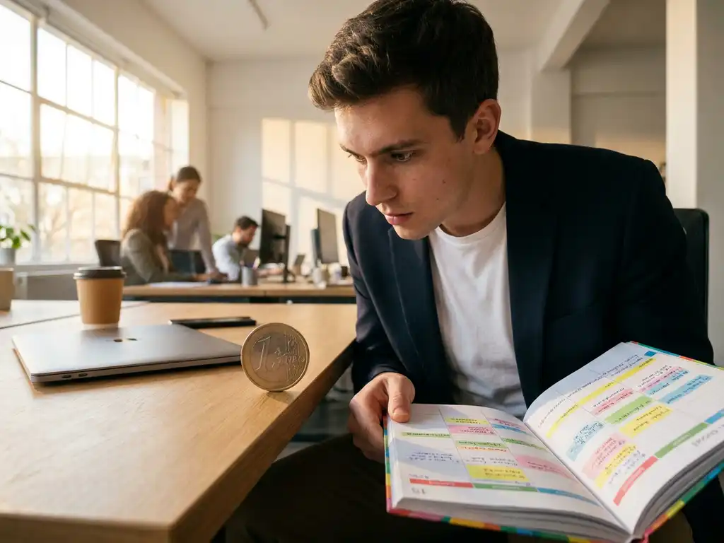 Jonge professional balanceert grote munt op tafelrand terwijl hij planner bekijkt in licht, modern kantoor met ochtendzon