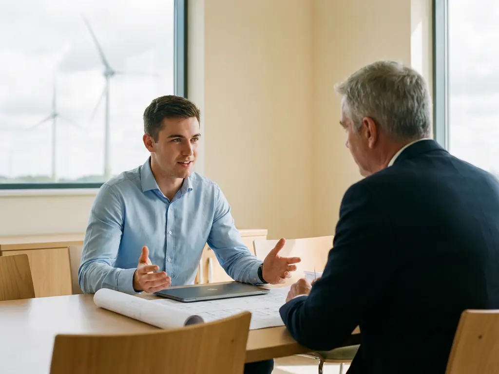 Jonge ingenieur bespreekt salaris met oudere hiring manager aan moderne vergadertafel, laptop en bouwtekening tussen hen in