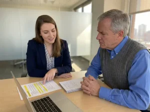 Jonge professional bespreekt zelfverzekerd een overzichtelijk cv met luisterende manager in moderne, lichte kantoorruimte