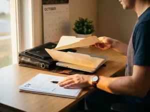 Persoon aan opgeruimd thuiskantoor, vergelijkt mappen en pakt laptop in naast geprinte cv’s en notities in ochtendlicht