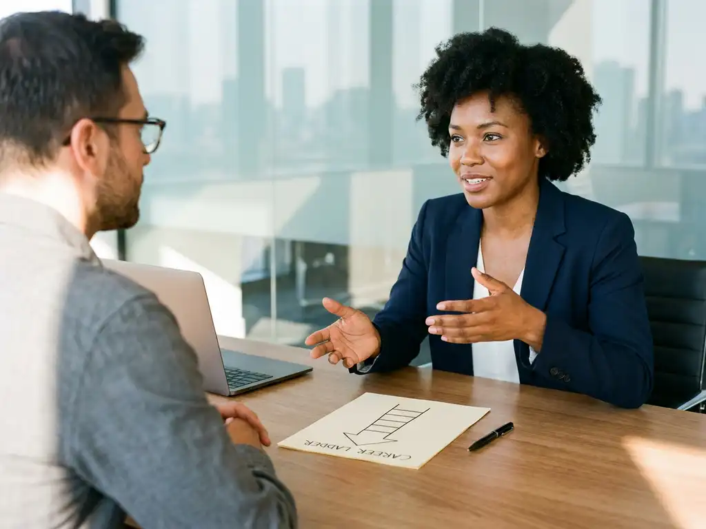 Sollicitant legt ambitieus carrièrepad uit aan luisterende recruiter in modern kantoor met laddertekening op tafel