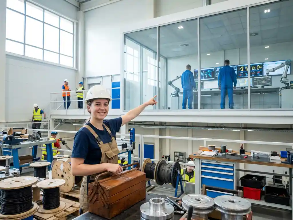 Zelfverzekerde jonge technicus wijst naar glazen controlekamer met schermen in moderne fabriekshal, gereedschapskist naast zich