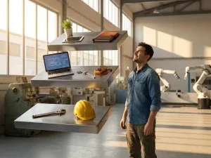 Jonge technicus in moderne werkplaats kijkt naar drie oplopende metalen treden met gereedschap, laptop en tablet als symbool voor groei
