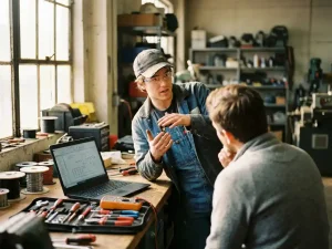 Jonge technicus in blauwe overall legt iets uit aan collega, met laptop en gereedschap op werkbank in lichte industriële werkplaats