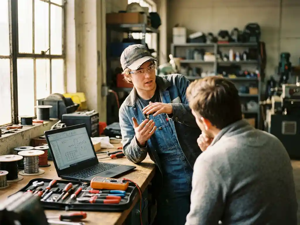 Jonge technicus in blauwe overall legt iets uit aan collega, met laptop en gereedschap op werkbank in lichte industriële werkplaats