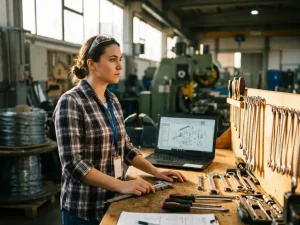 Jonge technicus met schuifmaat bij werkbank met laptop en gereedschap in moderne fabriekshal, gefocuste en ambitieuze blik