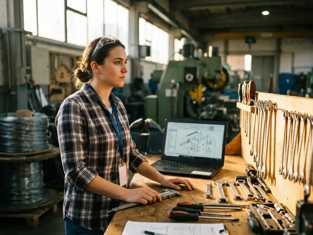 Jonge technicus met schuifmaat bij werkbank met laptop en gereedschap in moderne fabriekshal, gefocuste en ambitieuze blik