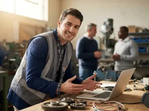 Jonge technicus in moderne fabriek legt mechanisch onderdeel en laptop uit aan twee collega’s, met focus op samenwerking