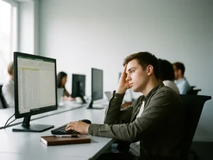 Verveelde jonge kantoormedewerker staart leeg naar saai computerscherm, ongebruikt notitieboek en pen op opgeruimd bureau