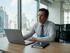 Vermoeide kantoormedewerker staart peinzend uit raam, laptop onaangeroerd, bureau met ongebruikt notitieboek en pen