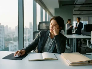 Vermoeide jonge professional staart uit kantoorraam terwijl collega’s overleggen, laptop en papieren onaangeroerd op bureau