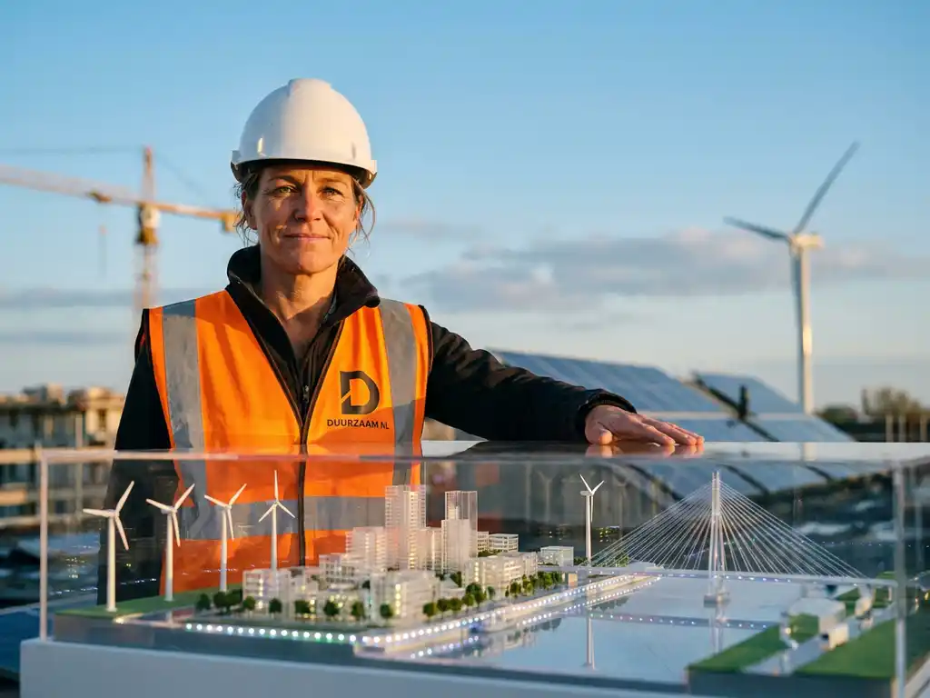 Vrouwelijke ingenieur met helm bij plexiglas-maquette van duurzame stad, windmolens en brug, voor echte bouwplaats in avondlicht