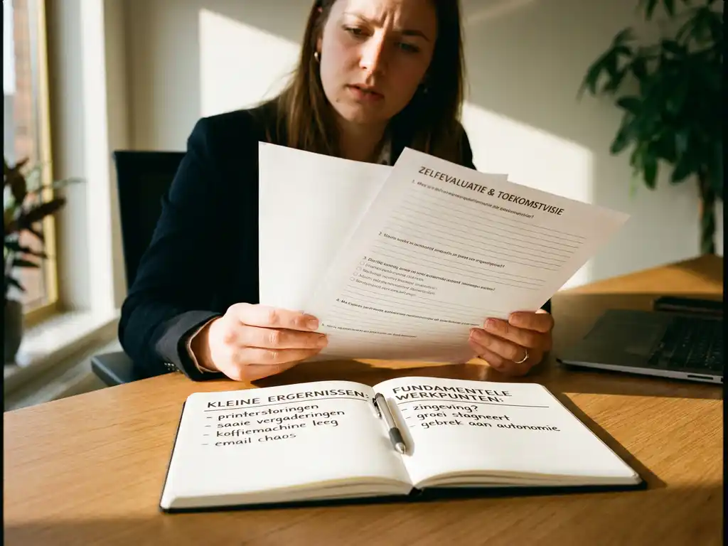 Jonge professional kijkt twijfelend naar half ingevulde vragenlijst aan bureau in rustig, modern kantoor met notitieboek en laptop