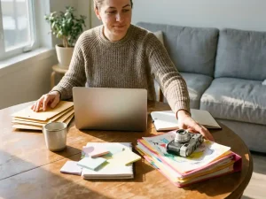 Zelfverzekerde professional aan keukentafel tussen zakelijke documenten en creatieve schetsen, in warme ochtendzon
