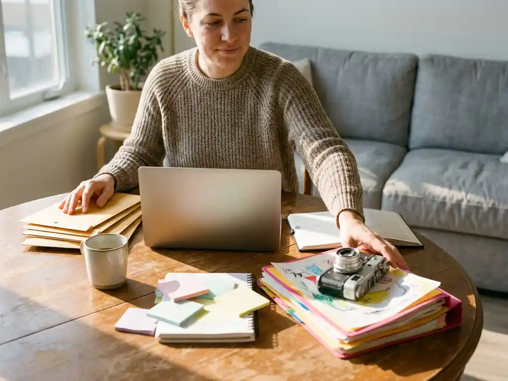 Zelfverzekerde professional aan keukentafel tussen zakelijke documenten en creatieve schetsen, in warme ochtendzon